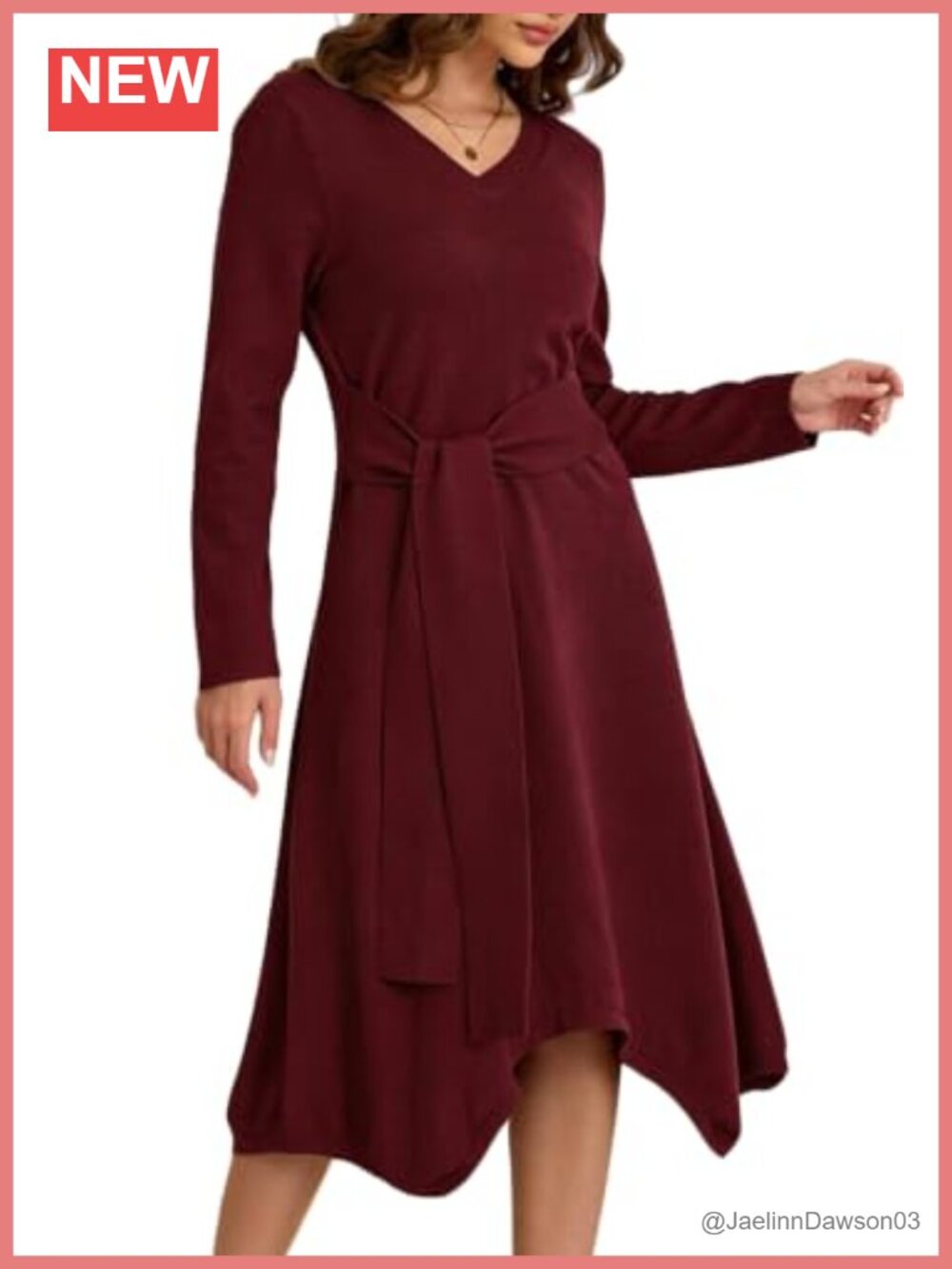 Women's Tie Waist Midi Sweater Dress V Neck Long Sleeve A-Line Knit